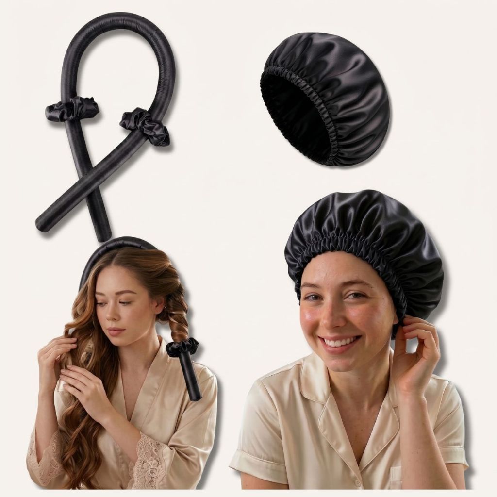 kit Modelador de Cachos Cetim Sem Calor+ touca de Cetim Dupla Face + 2 Scrunchies para cabelo Femino