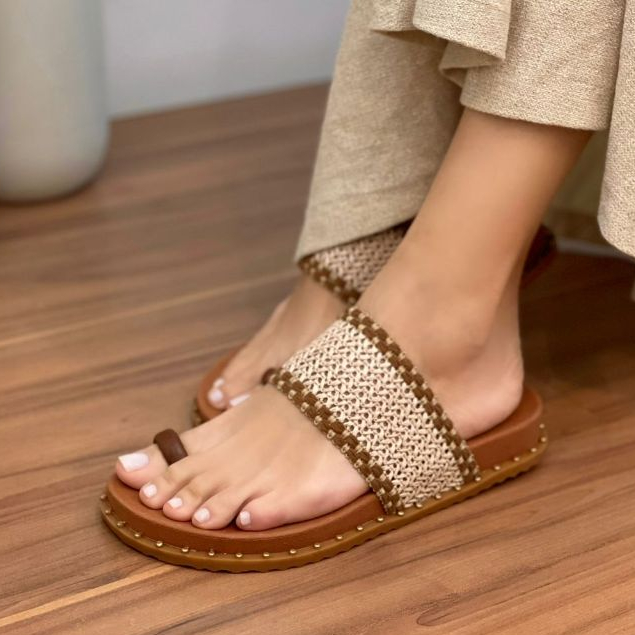Sandália Feminina Papete de Dedo Trançada Confortável Elegante Leve