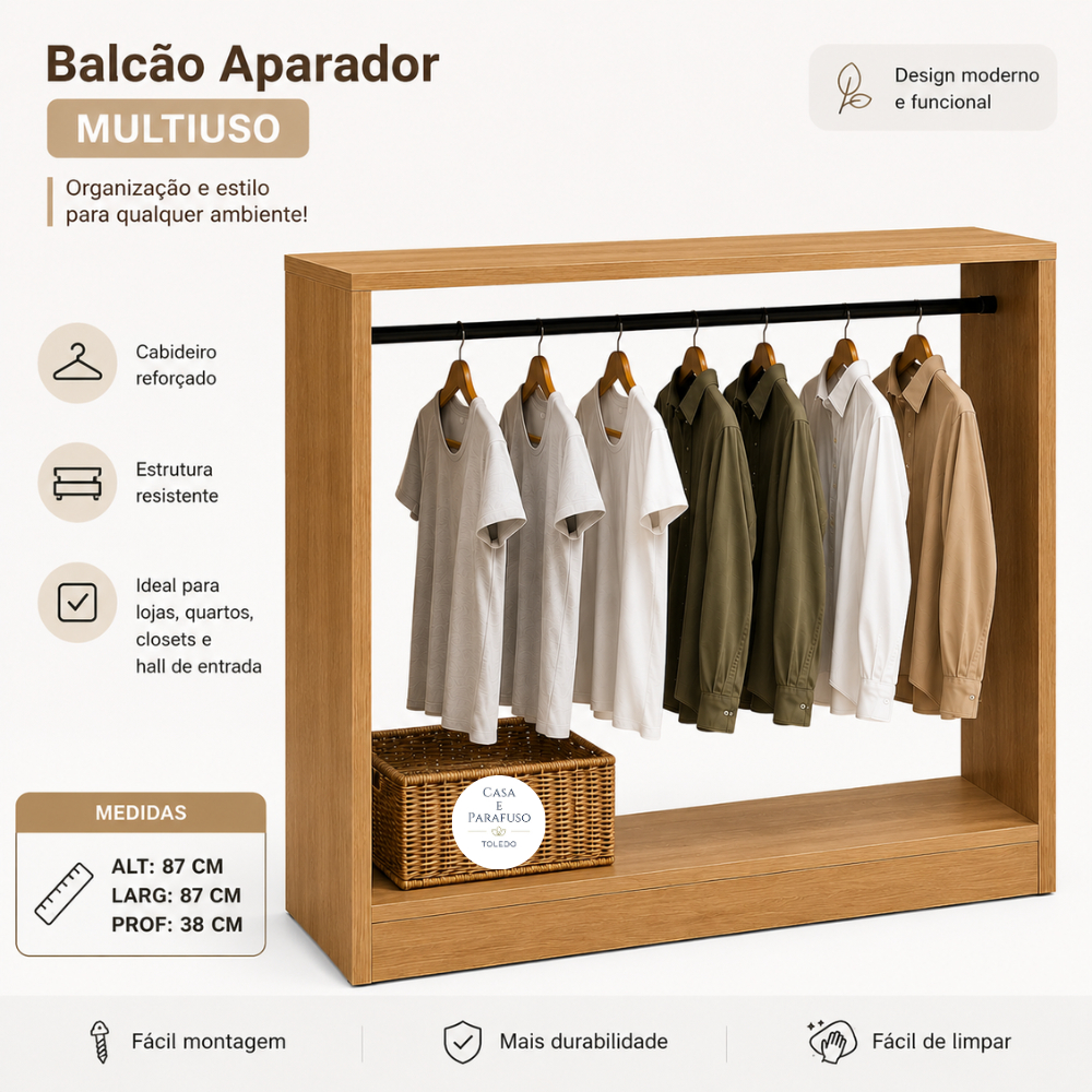 Balcão Expositor de Roupas com Cabideiro Multiuso Ideal para Loja, Closet e Quarto- 81