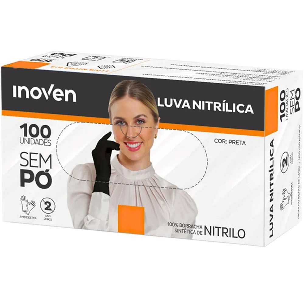 Luva Nitrílica Preta Descartável Sem Pó 100 Unidades Para Uso Profissional