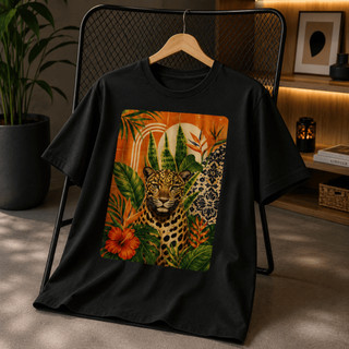 Camiseta Feminina Onça Tropical 100% Algodão Estampada Casual Manga Curta Premium