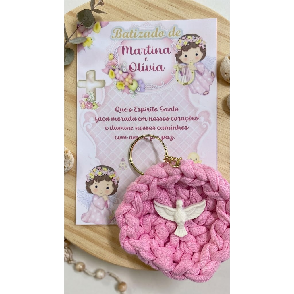 Lembrancinha De Batizado Chaveiro Coração Crochê Divino Espírito Santo + Tag Personalizada