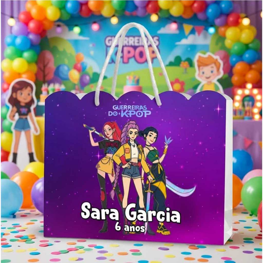 Sacolinha Personalizada Guerreira K-pop Com Nome e Idade Pegue e Monte 20x15x5 Lembrancinha Festas e Aniversarios