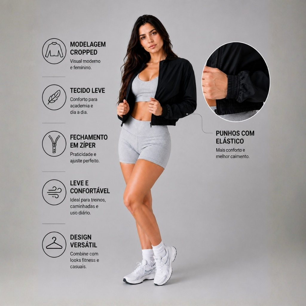 Kit 2 Jaquetas Casaquinhos Cropped Corta Vento Feminina Casual Academia Fitness com Ziper — imagem 2 de 2