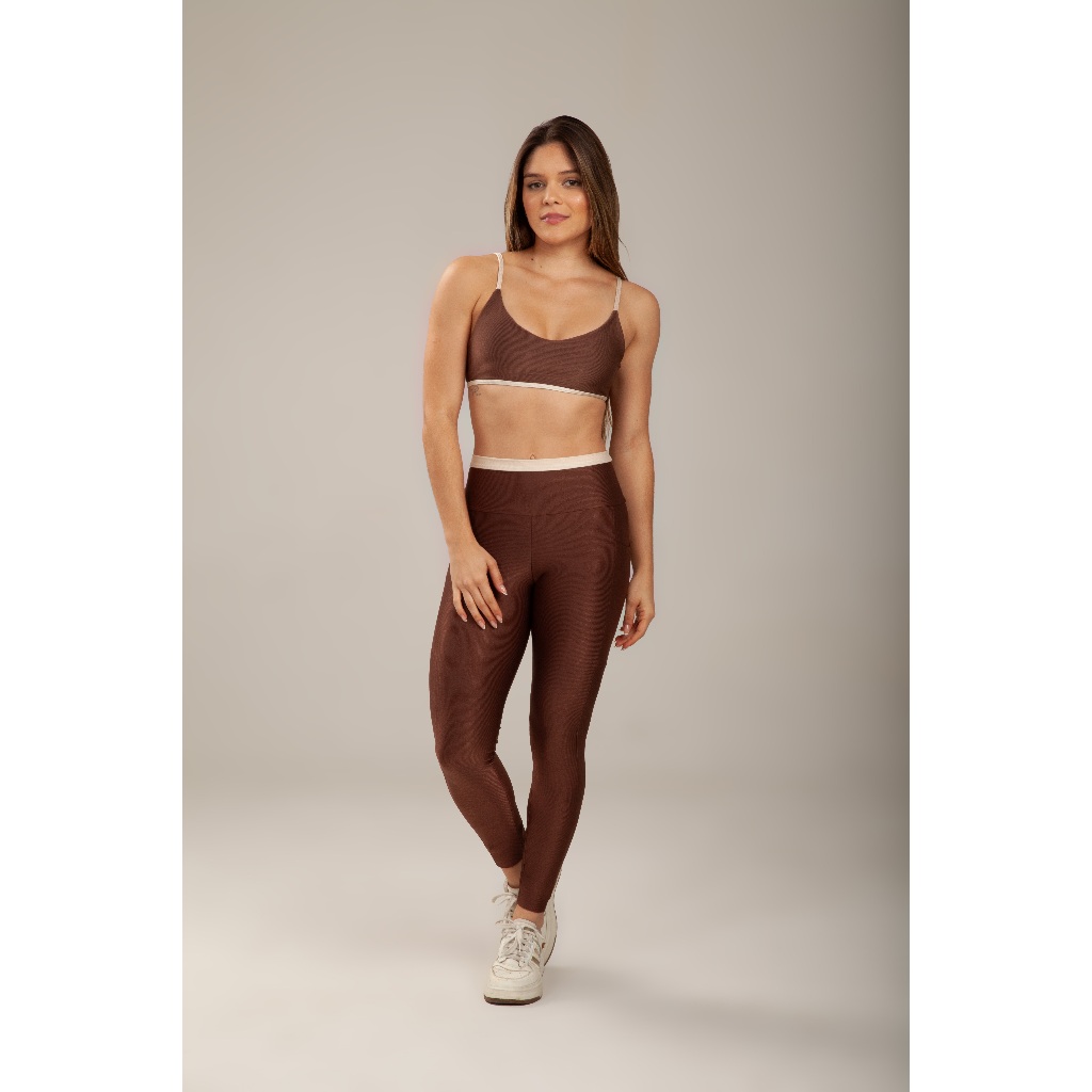 Conjunto Fitness Academia Feminino Microcanelado Premium Top com Bojo Removível e Calça Cintura Alta UV50+