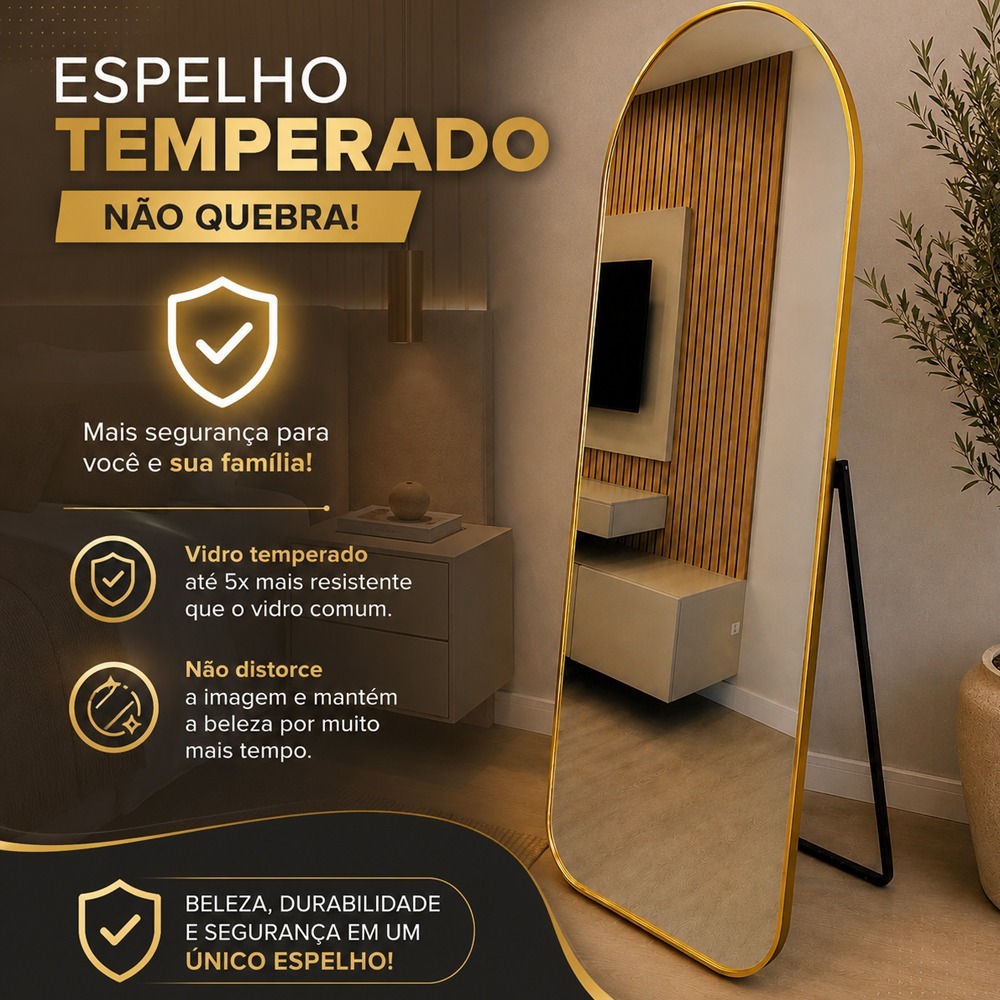 Espelho Madri Corpo Inteiro Oval Base Reta com Moldura de aluminio e suporte de chão para Quarto Loja 170x70 Grande — imagem 2 de 2