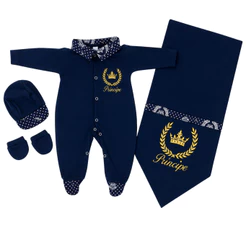 Saída de Maternidade Menino Príncipe Azul Marinho 04 Peças