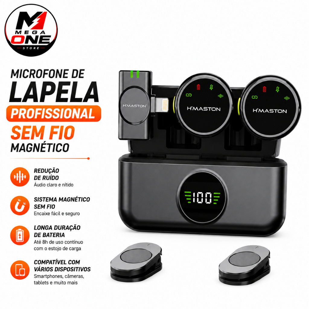 Microfone De Lapela Profissional Sem fio Tipo-C e Lightning Magnético Redução de Ruído