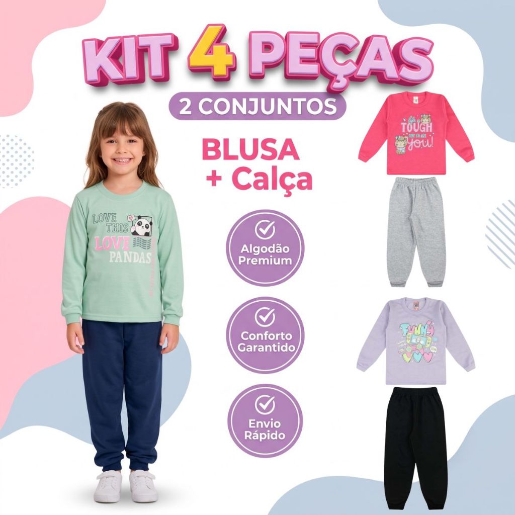 Kit 2 Conjuntos Moletom 4 Peças Infantil Menina Roupa de Frio Casaco Blusa Calça Inverno 1 ao 8 Anos