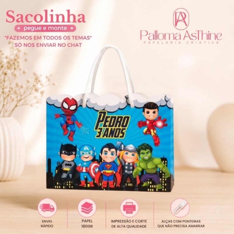 Sacolinha pegue/monte Herois lembrancinha personalizada aniversário 20x15x7cm *todos os temas*