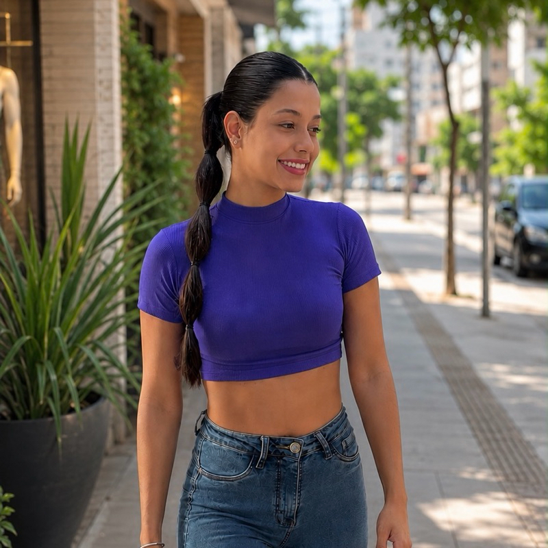 Cropped Feminino Canelado Gola Alta Manga Curta Básico Casual Viscose com Elastano Moda Blogueira