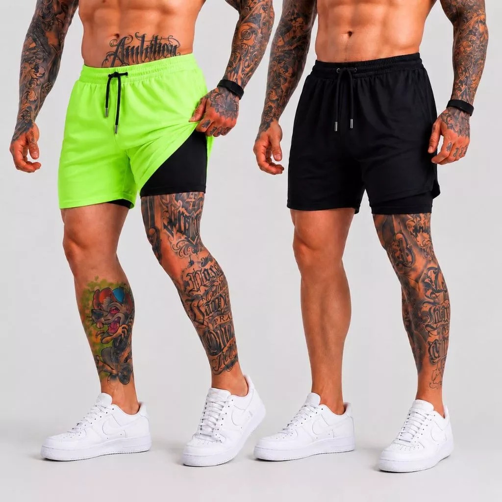 Kit 2 Shorts 2 em 1 Masculino Dry Fit Bermuda Compressão Elastano Bolso Celular Academia Corrida Secagem Rápida