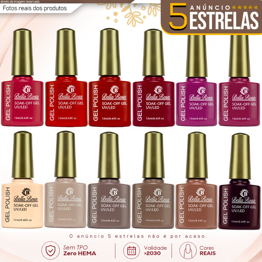 Kit 12 Esmaltes em Gel Led Uv COLEÇÕES p/ Unhas Manicure 12ml Bella Rosa