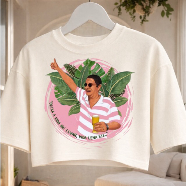 Cropped Oversized Feminino Zeca Pagodinho Estiloso Confortável 100% Algodão Camiseta Curta Verão