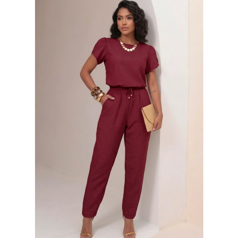 Conjunto Feminino Linho Com Elastano Calça E Blusa Manga Curta Princesa Alfaiataria Moderno Elegante Comfort — imagem 2 de 2