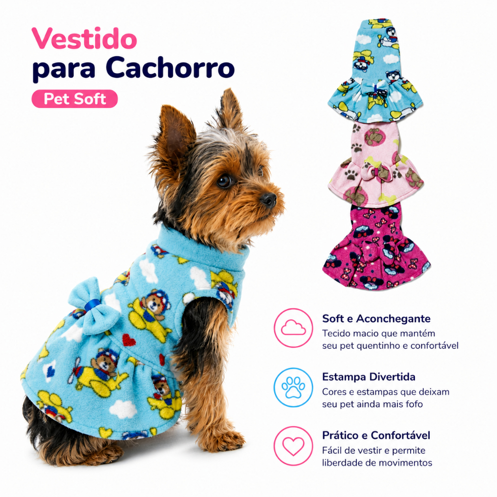 Vestido para Cachorro Pet Soft Inverno Quentinho Confortável Roupa Cachorro Luxo Estampado PP ao GG (Estampas variadas)