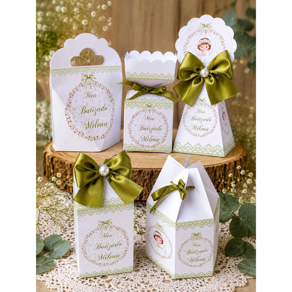 KIT CAIXA FESTA PERSONALIZADA BATIZADO MENINA BRASÃO VERDE  / LEMBRANCINHAS /CAIXINHAS PARA FESTA