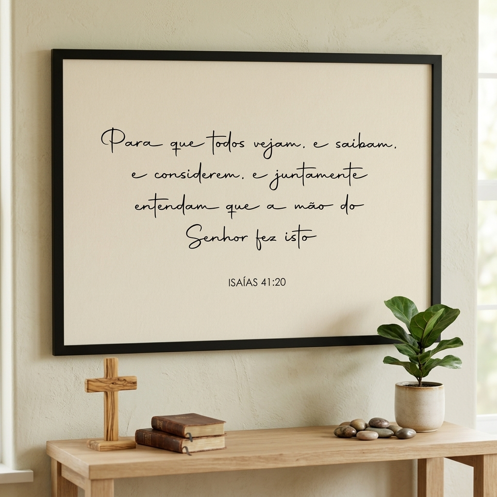 Quadro Decorativo Frase Bíblica Isaías 41:20 Minimalista Parede Sala Quarto Religioso Cristão