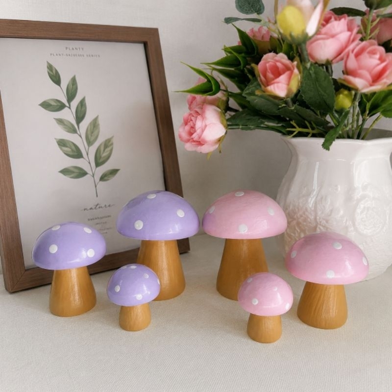 Trio Cogumelo Miniatura Porcelana Fofinho Rosa Lilás Enfeite Mesa Posta Quarto Infantil Nichos Festas Jardim Encantado