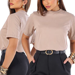 Camiseta Gola Alta Feminina 100% Algodão Manga Curta Casual Elegante
