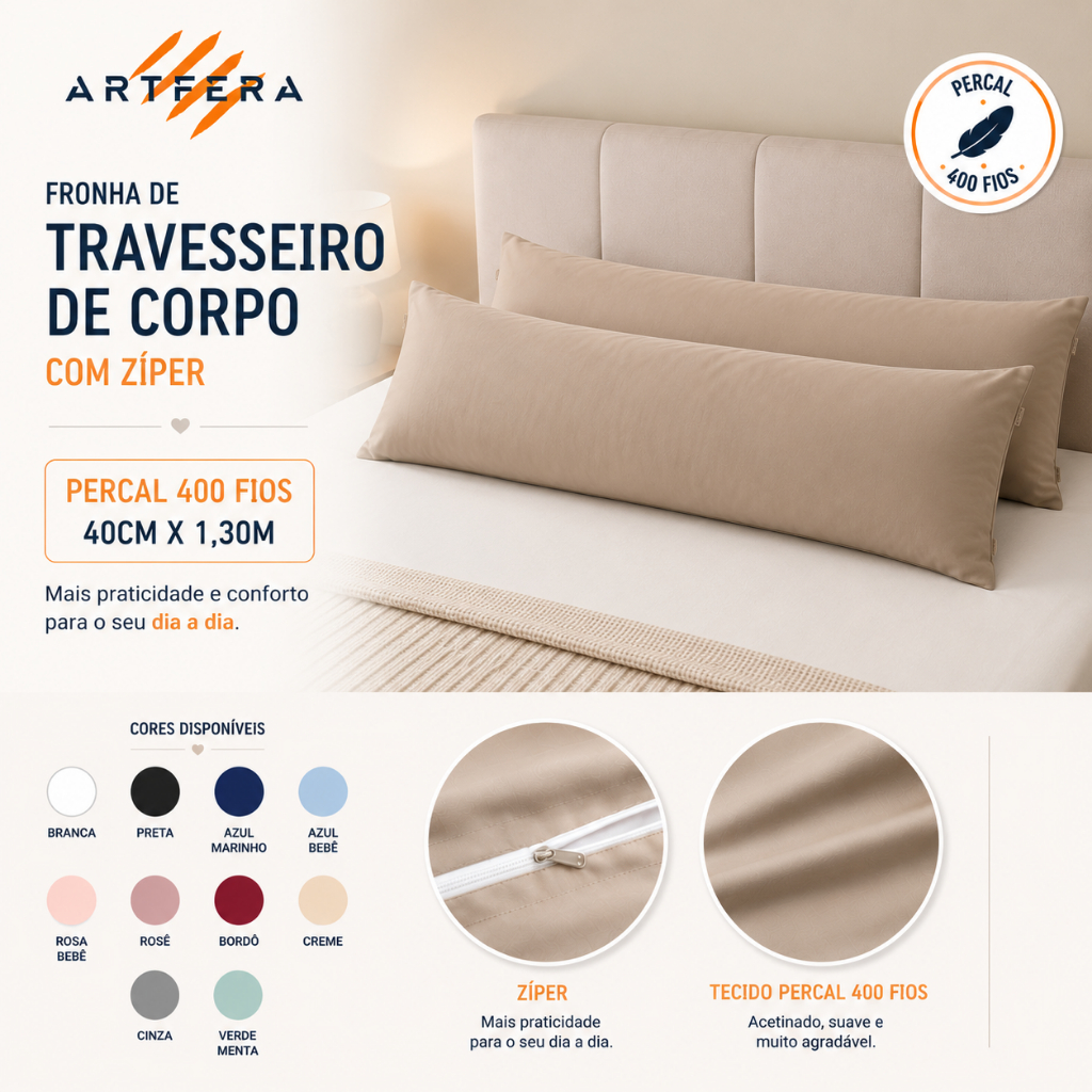 Kit 2 Fronhas Xuxão com Zíper Micropercal 400 Fios Toque Acetinado Capa para Travesseiro de Corpo Várias Cores