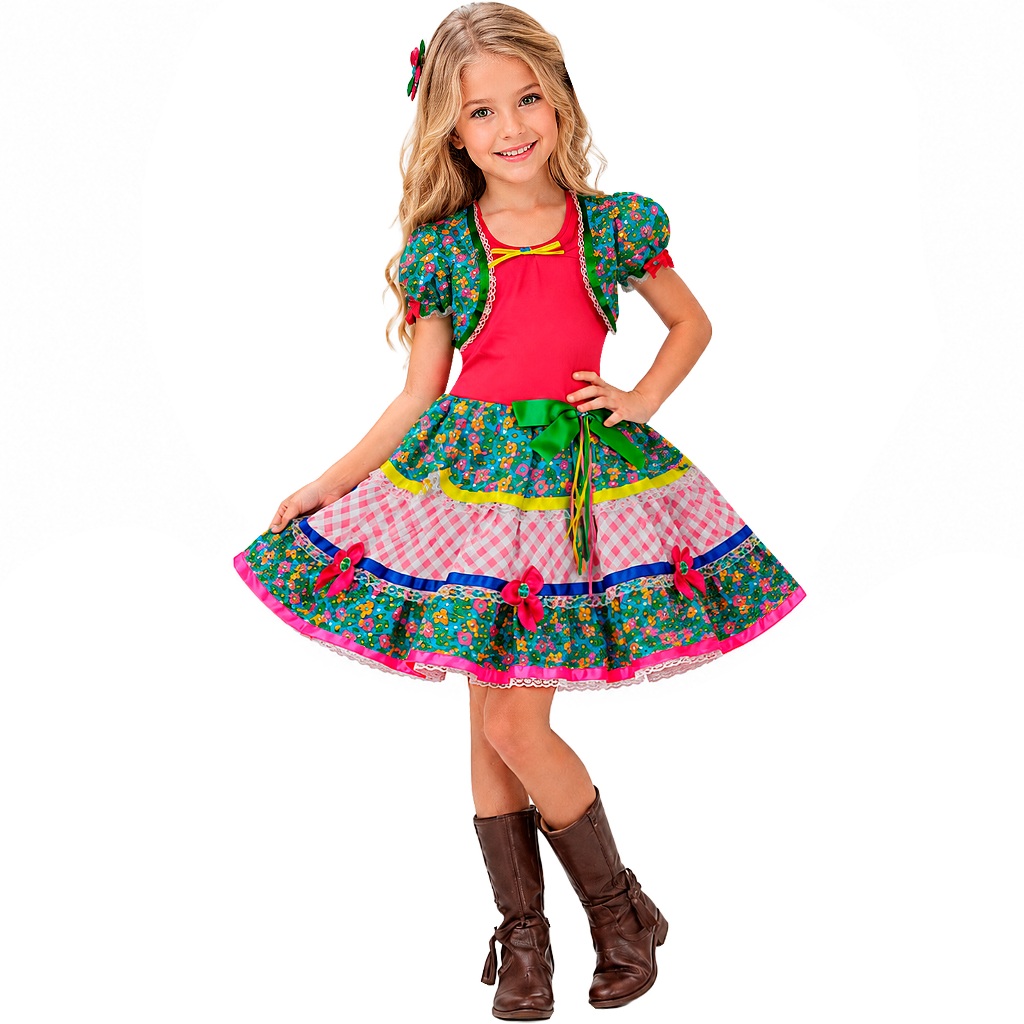 Vestido Infantil de Festa Junina pra Meninas Roupa Caipira de São João com Bolero e Saia Rodada

