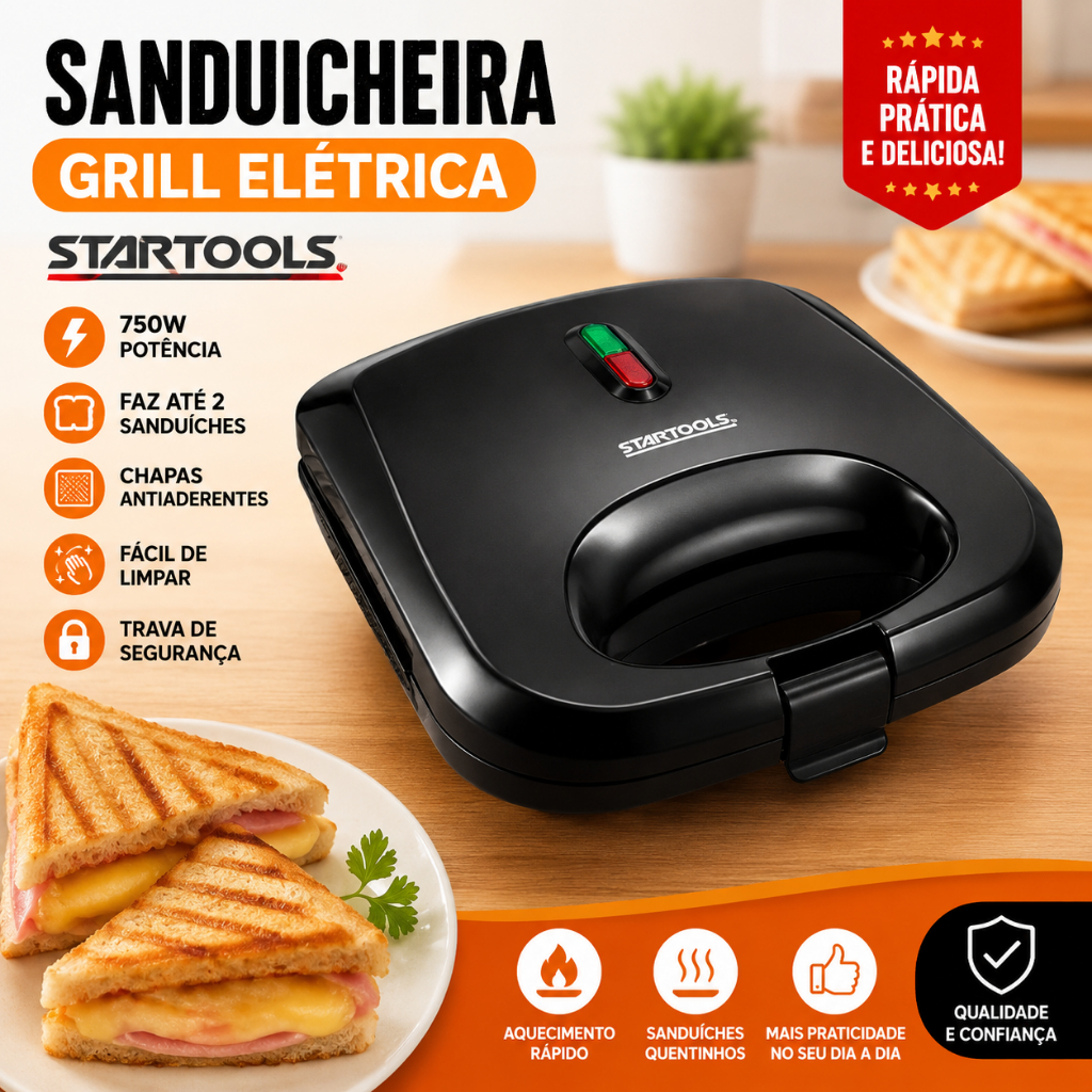 Sanduicheira Elétrica, Sanduicheira Grill, Grill Elétrico, Sanduicheira Antiaderente, Sanduicheira 750W,