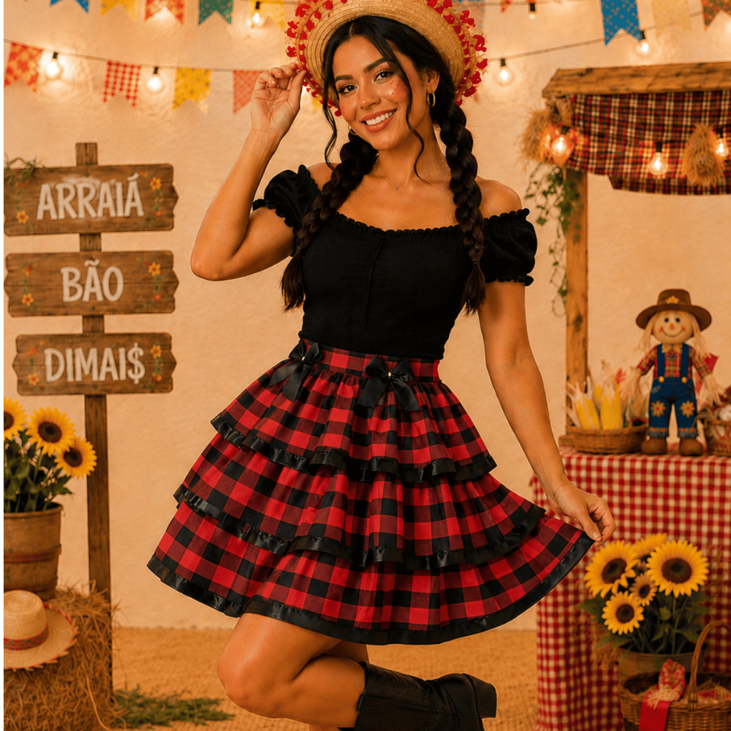 Saia Caipira Festa Junina Xadrez Rodado Com Renda E Laço