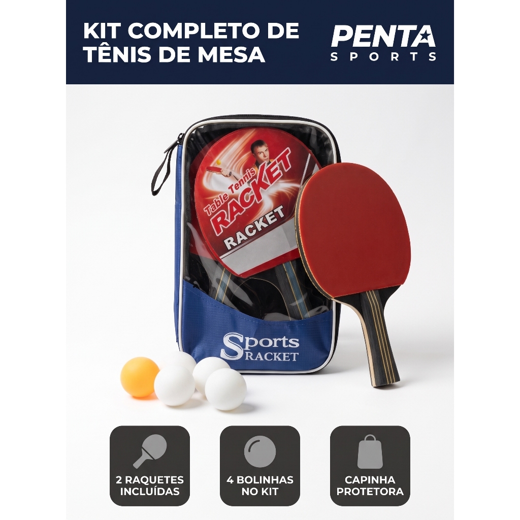 Kit de Raquete de Tenis de Mesa Ping Pong com 3 Bolinhas 5 estrelas Profissional Conjunto