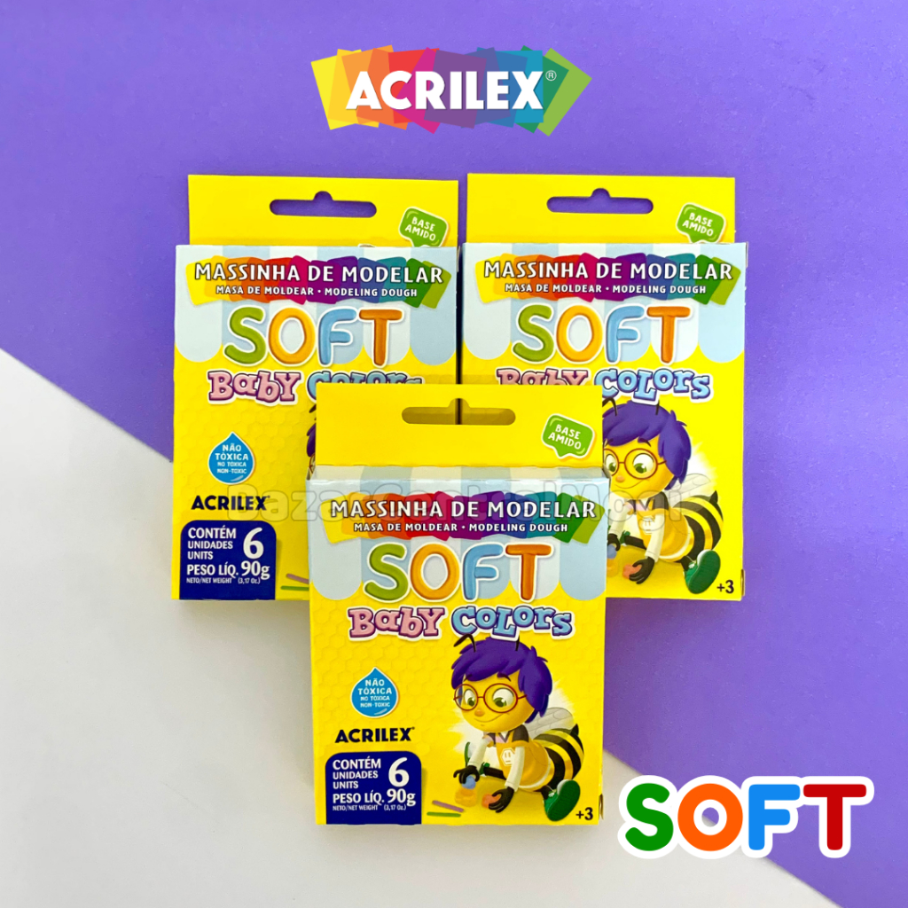 Massinha de Modelar Soft 6 Cores Acrilex Pastel Baby Colors 90g Base Amido Abelhinhas