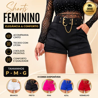 Short Feminino Neoprene Cintura Alta + Cinto 2 Bolsos Frontais Lycra Casual M ao GG Envio Imediato !