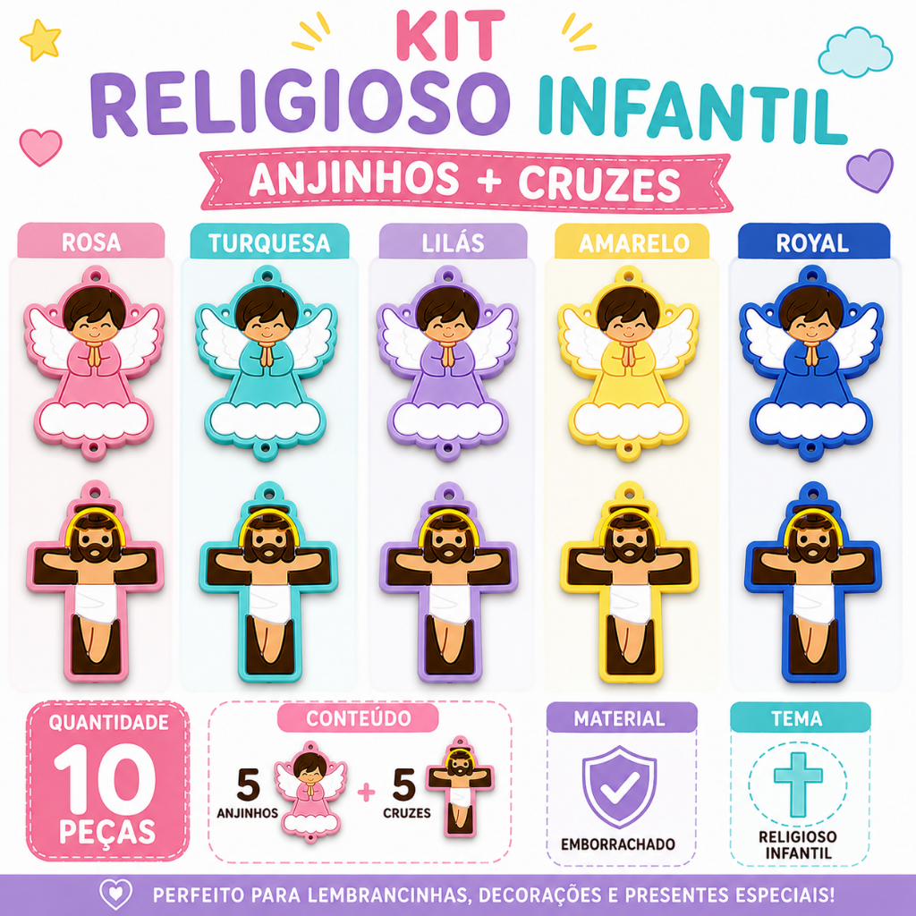 Entremeio Anjinho e Cruz Infantil Emborrachado 10 Peças (5 Anjos + 5 Cruzes) Terços Artesanato Lembrancinhas Religiosas