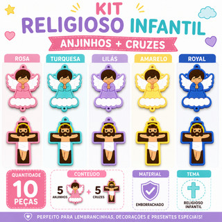 Entremeio Anjinho e Cruz Infantil Emborrachado 10 Peças (5 Anjos + 5 Cruzes) Terços Artesanato Lembrancinhas Religiosas