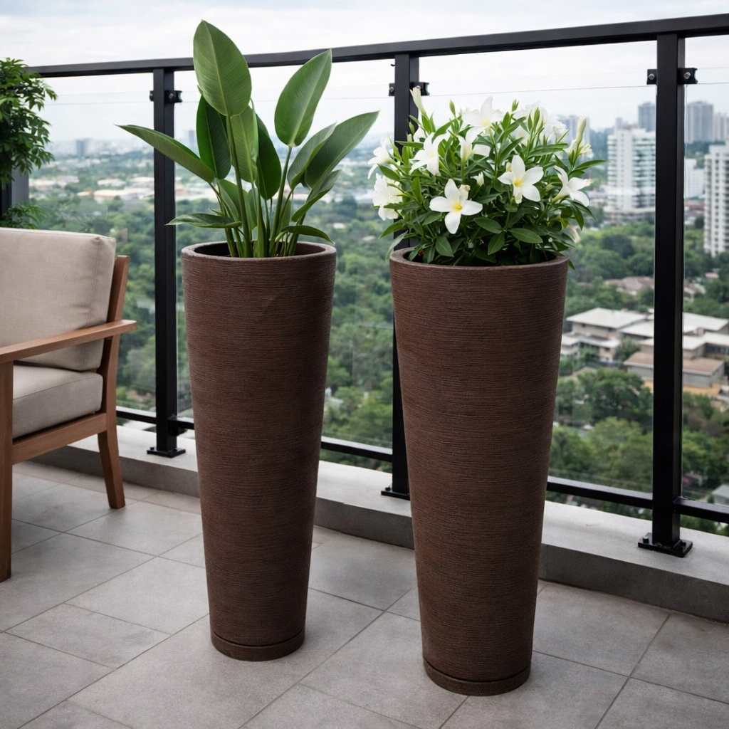 2 Vasos De Plantas e Flores -  Grande Alto Coluna Ibiza Escovado com prato coletor de água 70 cm