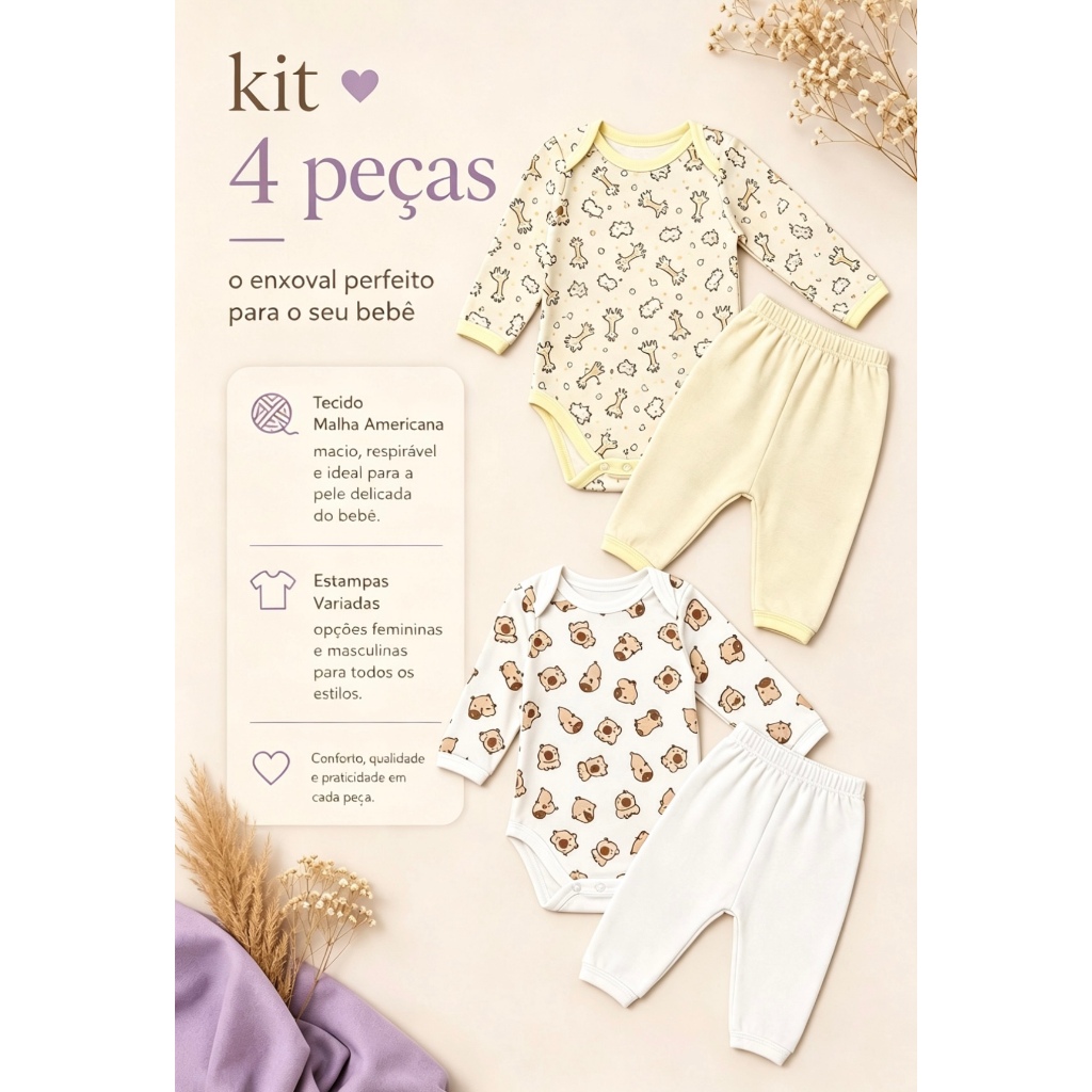 Body de Bebe Estampado e Mijão Manga Longa 4 Peças/2 Conjuntos Inverno