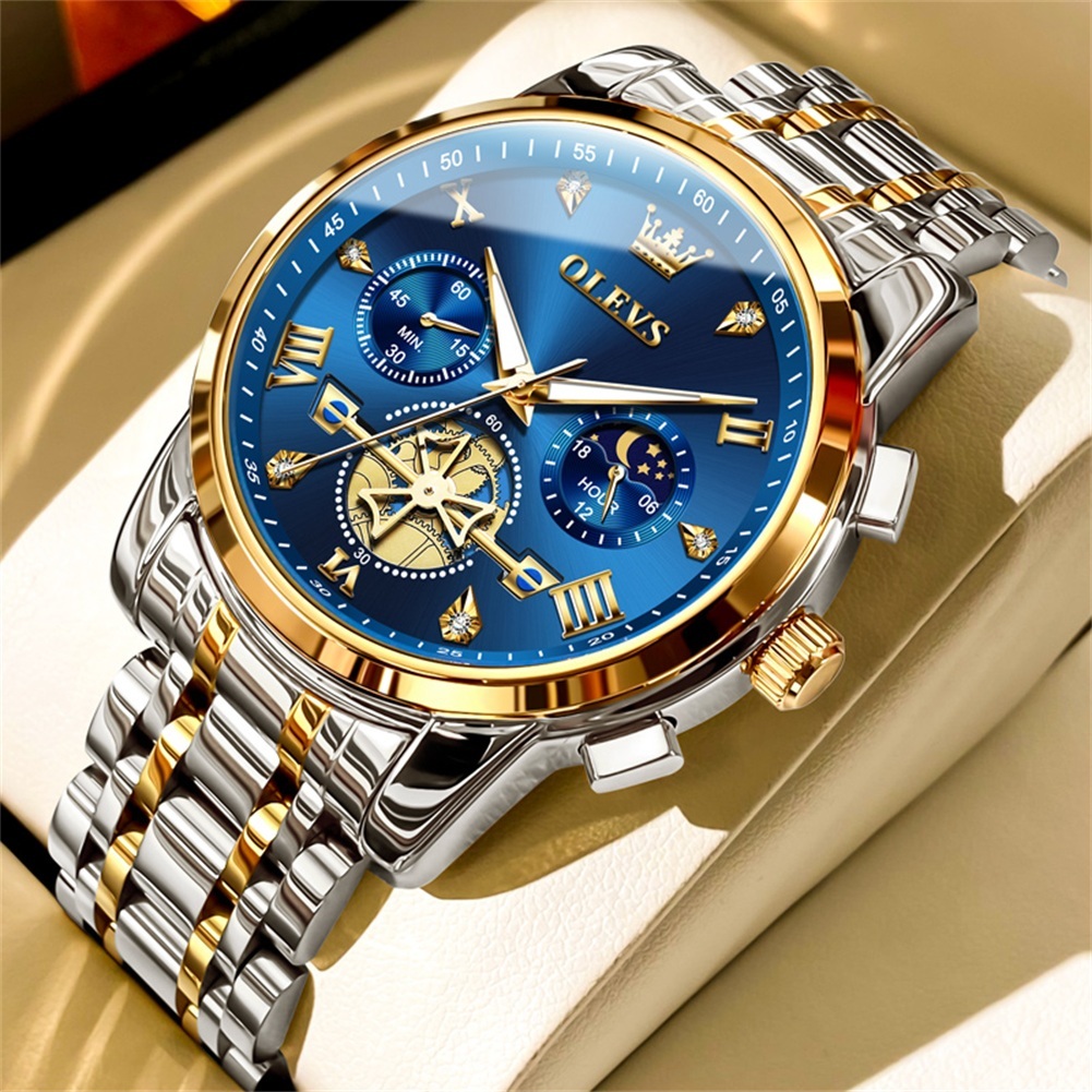 OLEVS Relógio Masculino Esportivo à Prova D'Água - Cronógrafo + Calendário | Pulseira em Aço Inox Azul Fosco | 2856