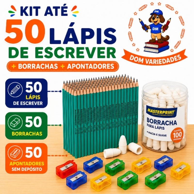 Kit Escolar Básico – Lápis + Borracha de Ponteira + Apontador Simples (10,20,30 e 50 kits)