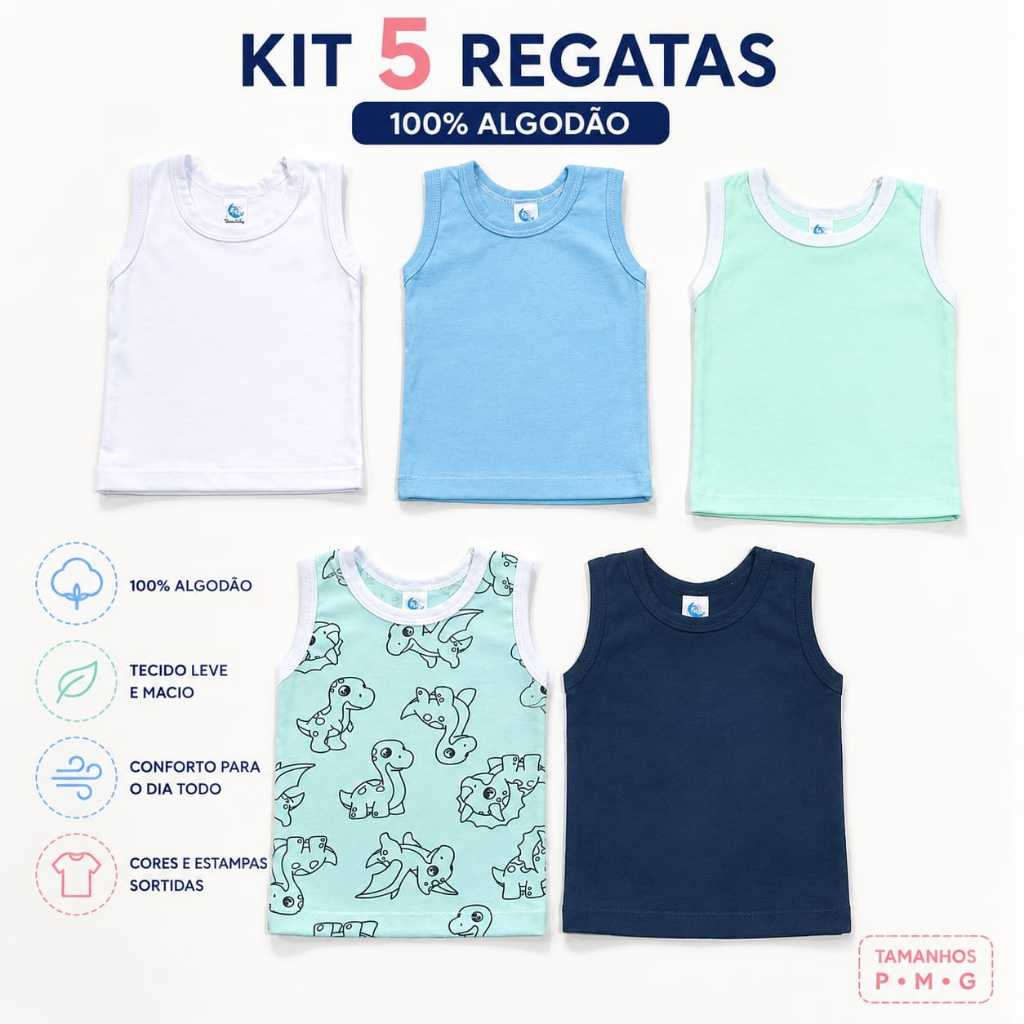 Kit 5 regatas bebê 100% algodão menino menina camiseta infantil lisa estampada enxoval wara baby