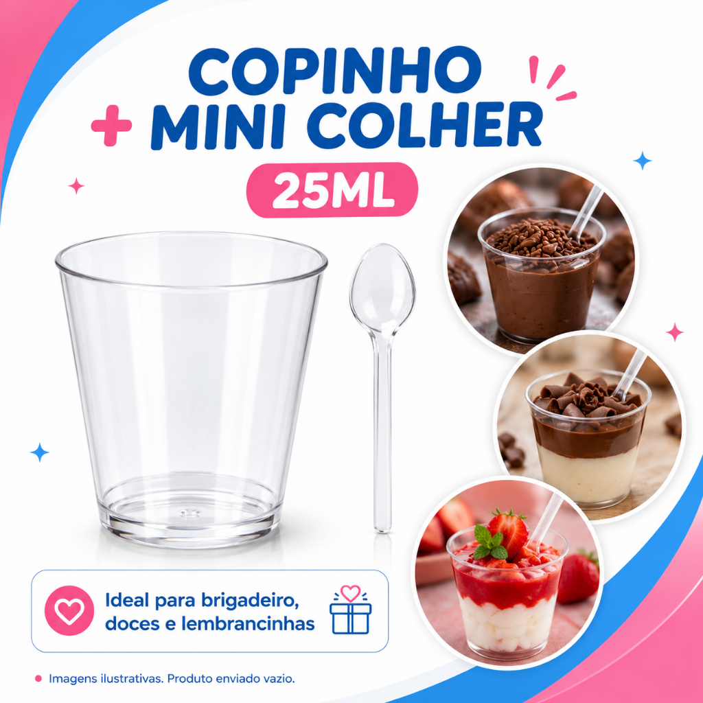 Kit 50, 100, 200 Copinho 25ml + Mini Colher Brigadeiro Acrílico - Decoração Lembrancinhas Para Festa Aniversário
