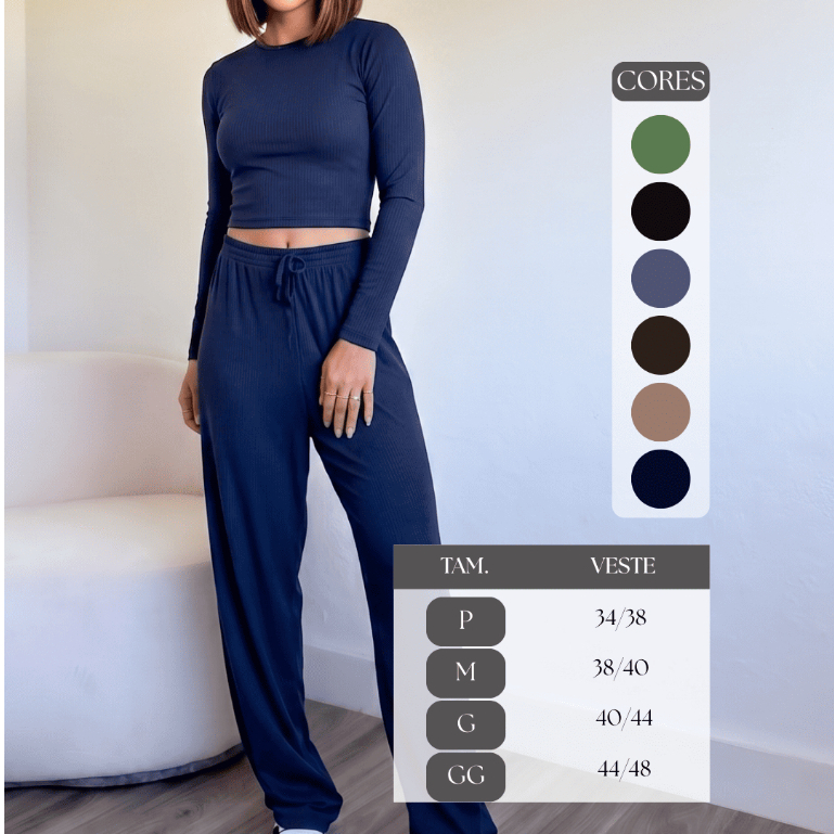 Conjunto Feminino Elegante Calça Pantalona + Blusa Cropped Malha Canelada Manga Longa Confortavel dia a dia