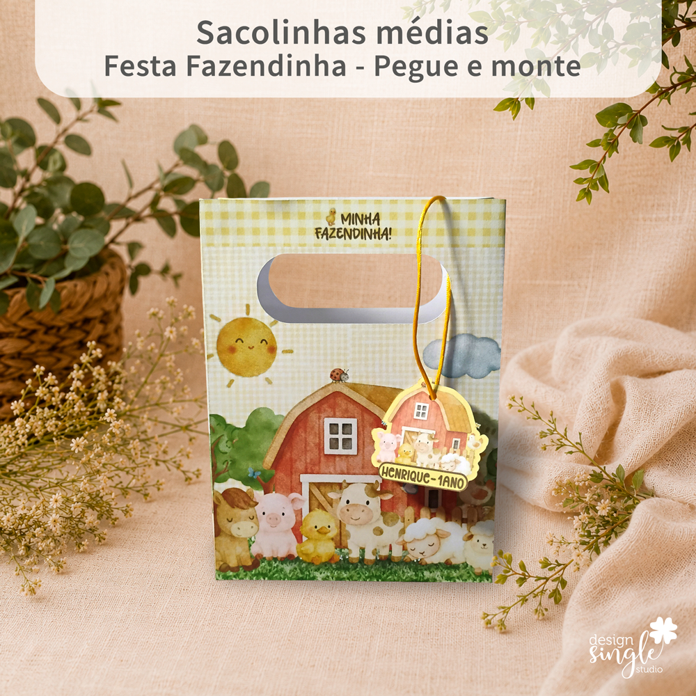 Sacolinha Personalizada Fazendinha | Festa Infantil | M | Pegue e Monte | 10, 20 ou 30 Un. | Lembrancinha Personalizada