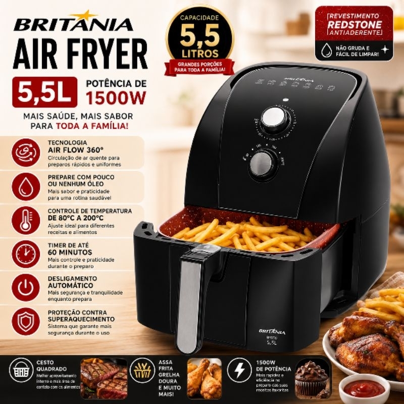 Fritadeira Air Fryer Britânia 5,5L 1500W 127V | BFR50, Redstone antiaderente