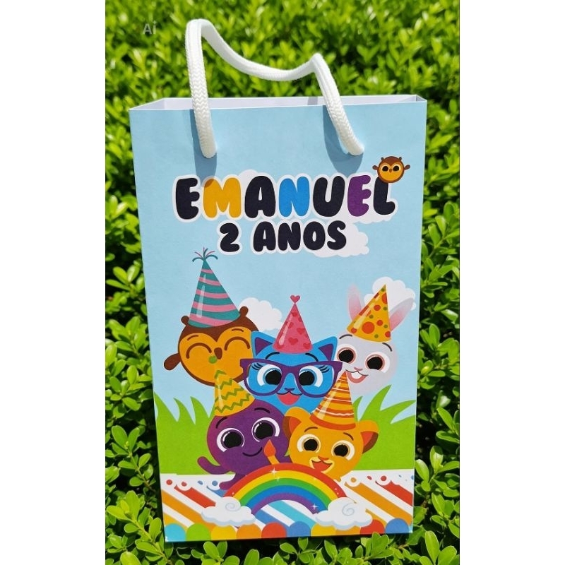 Sacolinha Personalizada Pequena, Bolofofo Azul, Menino, PEGUE E MONTE. Lembrancinha Festa de Aniversário