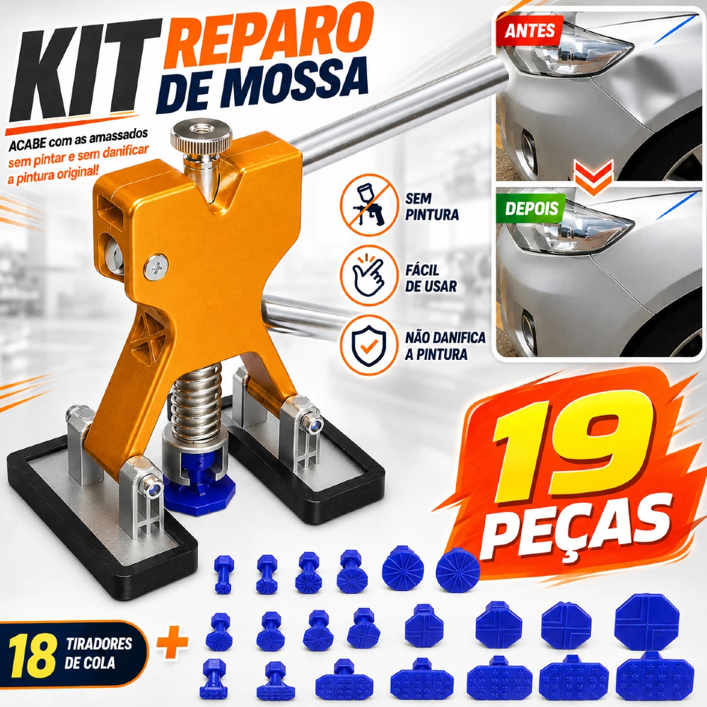 Kit 19 Peças Ferramentas para Reparo de Mossa Sem Pintura Inclui Martelo de Tubarão e Repuxador – Pronta Entrega