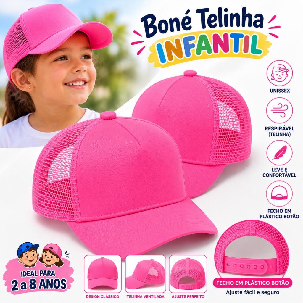 Boné Rosa Pink Infantil Telinha Ajustável  Aba Curva Trucker Menino e Menina