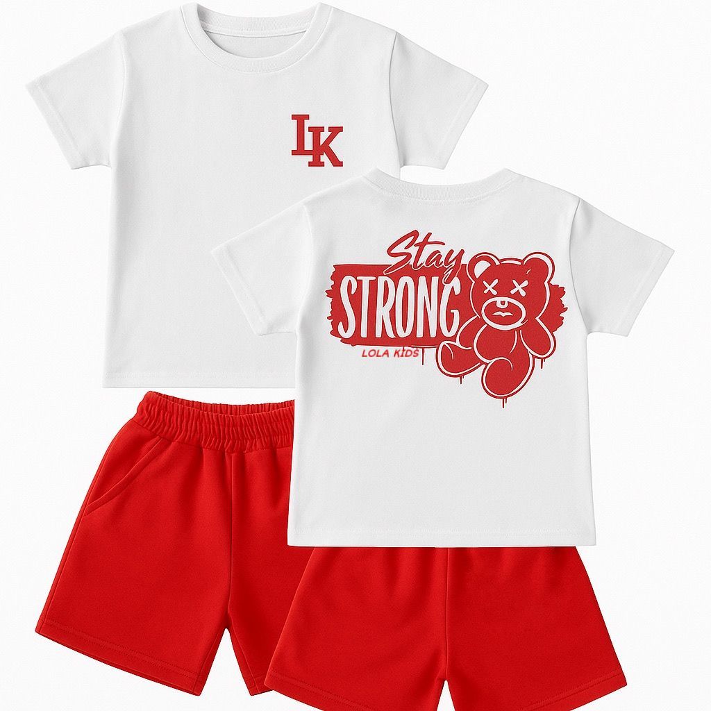 Conjunto Masculino Infantil Juvenil Branco e Vermelho Camisa e Bermuda Urso 2 ao 14 Anos