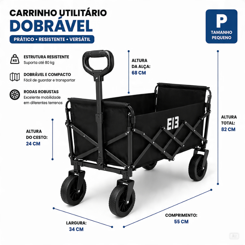 Carrinho de Camping Dobrável Multiuso Portátil Reforçado Com Rodas Tamanho P