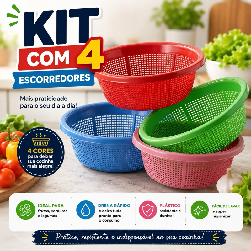 Kit 4 Escorredores de Arroz e Macarrão Lava Tudo Multiuso Plástico para Legumes Frutas Verduras e Alimentos