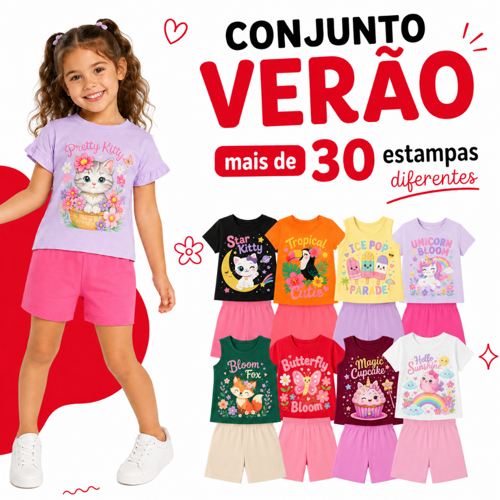 Kit 4 Peças Conjunto Infantil Feminino Verão 2 Blusas 2 Shorts Menina Algodão 1 ao 8 Anos