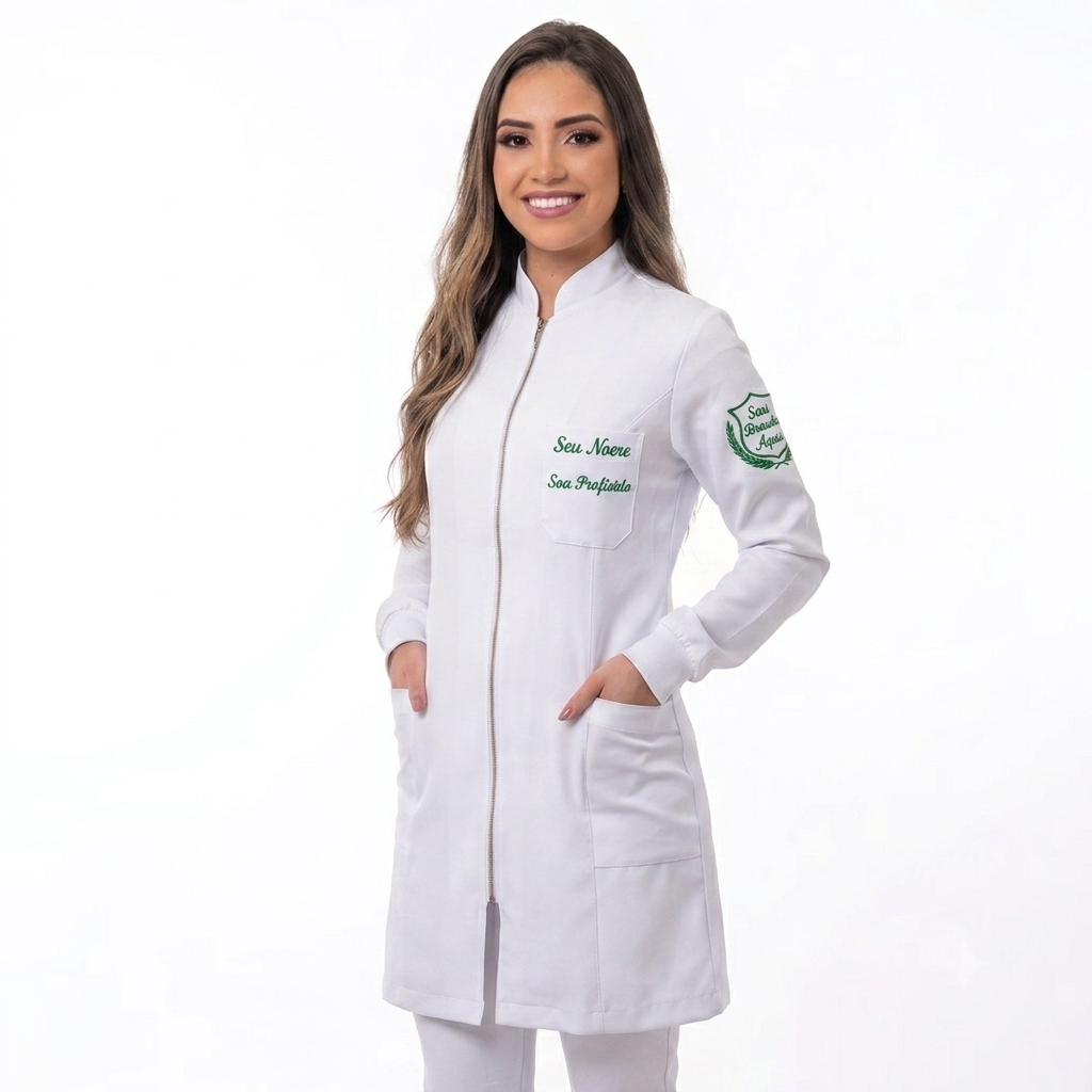 Jaleco Feminino Gabardine Duo com PUNHO Bordado Nome Brasão Profissão Acinturado Gola Padre Zíper faculdade curso